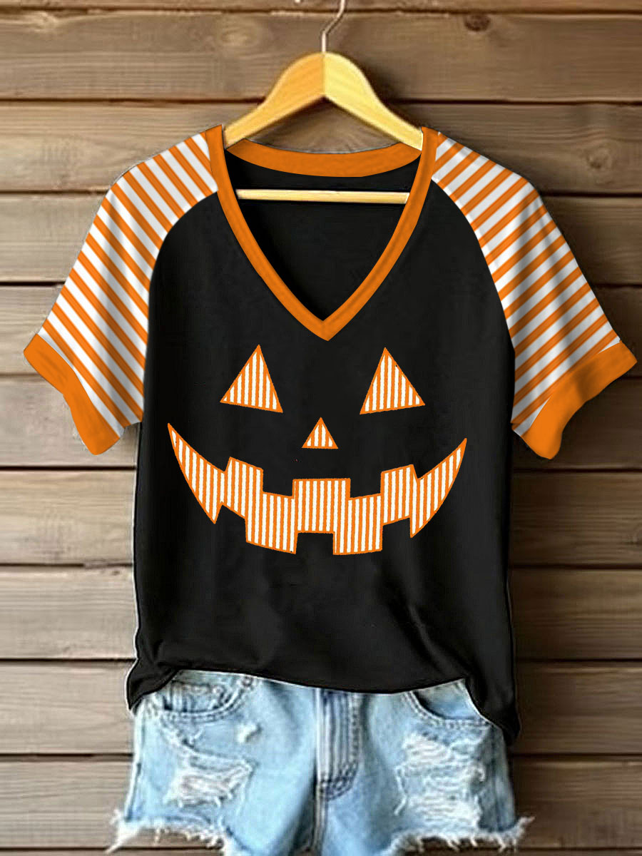 Women's Pumpkin Face Stripe Print Casual T-Shirt