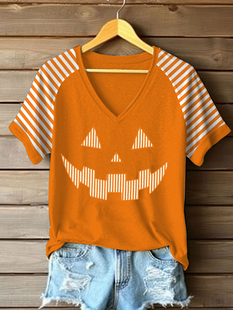 Women's Pumpkin Face Stripe Print Casual T-Shirt