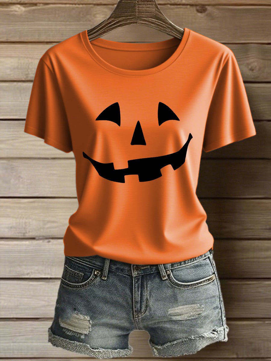 Women's Pumpkin Face Print Casual T-Shirt