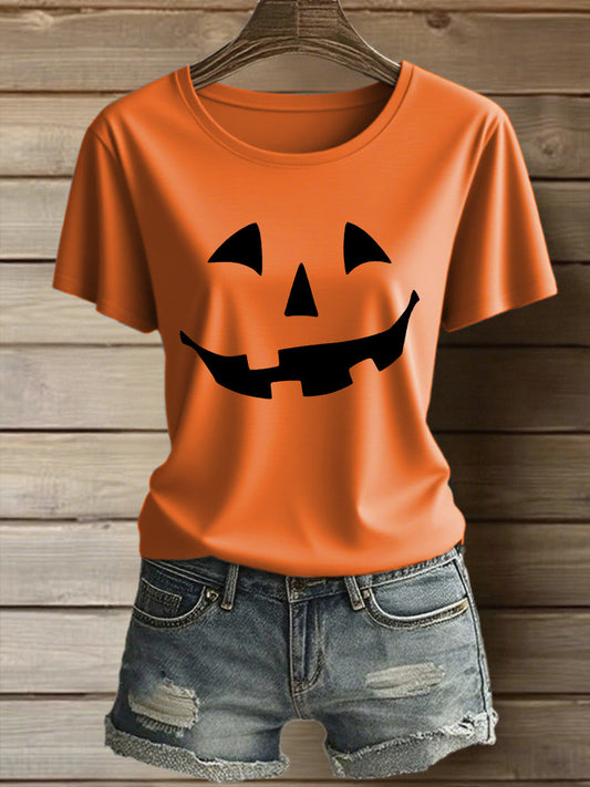 Women's Pumpkin Face Print Casual T-Shirt