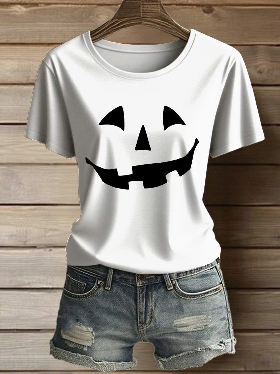 Women's Pumpkin Face Print Casual T-Shirt