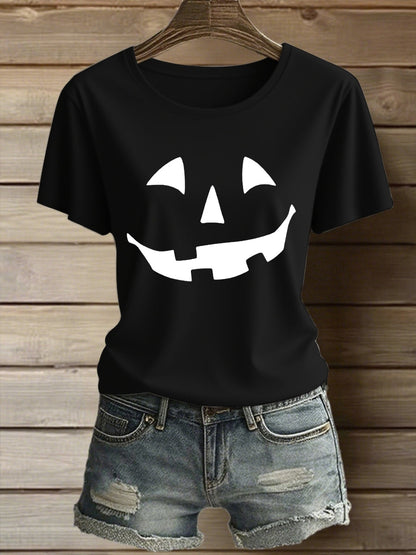 Women's Pumpkin Face Print Casual T-Shirt