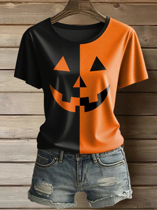 Women's Pumpkin Face Print Casual T-Shirt