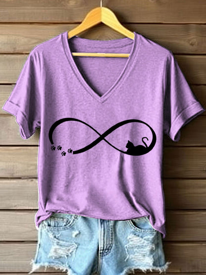 Women's Funny Cat Art Print V-Neck T-Shirt