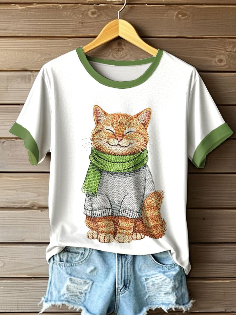 Women's Autumn Festival Cat Printed T-shirt
