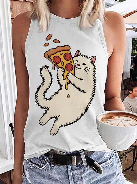 Women's Funny Cat Eating Pizza Print Tank Top