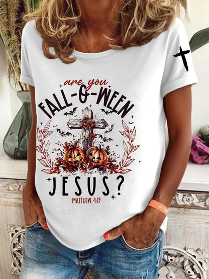 Women's  Funny Christian Halloween  Are You Fall-o-ween Jesus  Short Sleeve T-Shirt