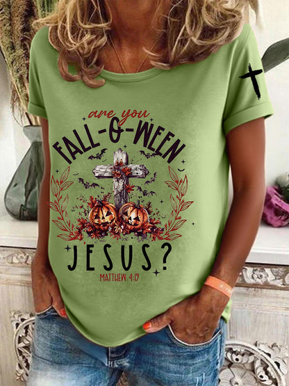 Women's  Funny Christian Halloween  Are You Fall-o-ween Jesus  Short Sleeve T-Shirt