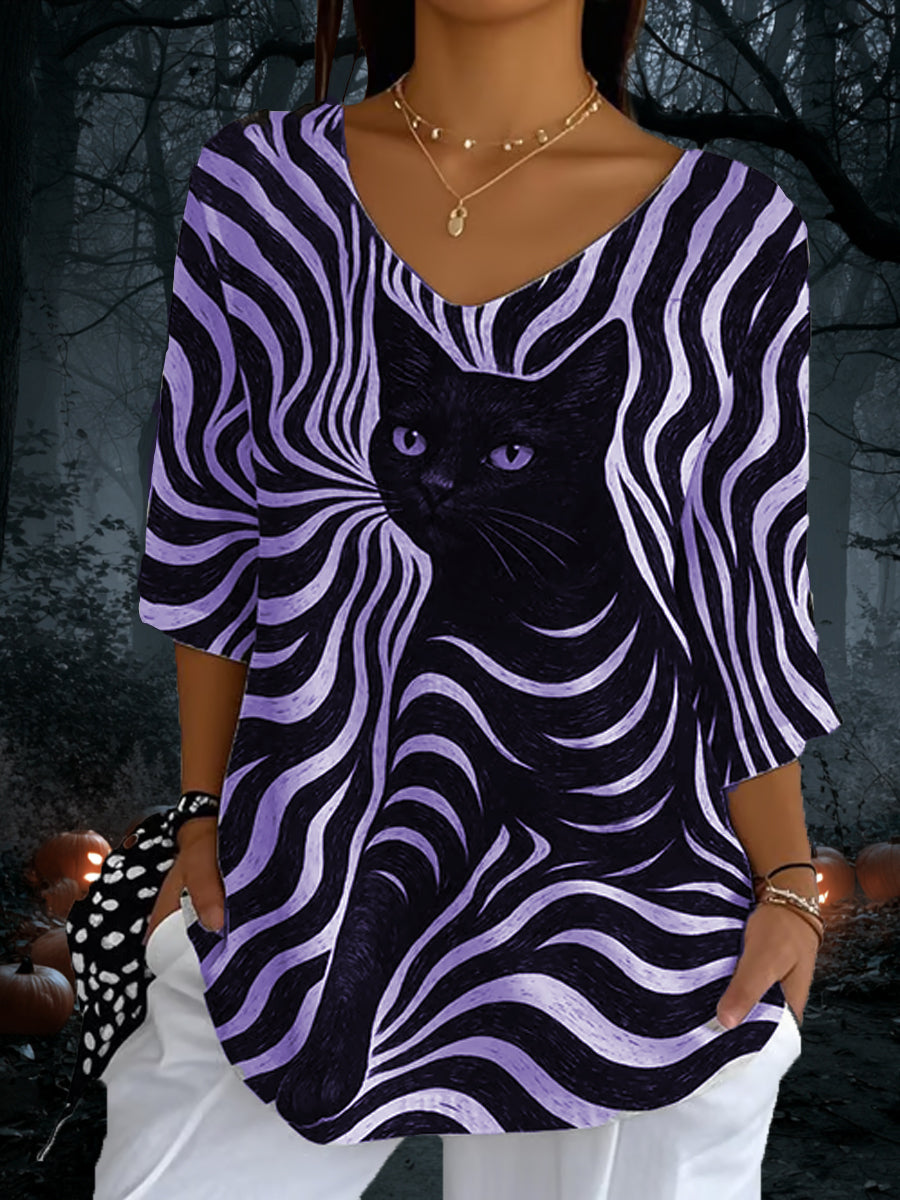 Women’s Black Cat Stripes Casual Long Sleeve Top