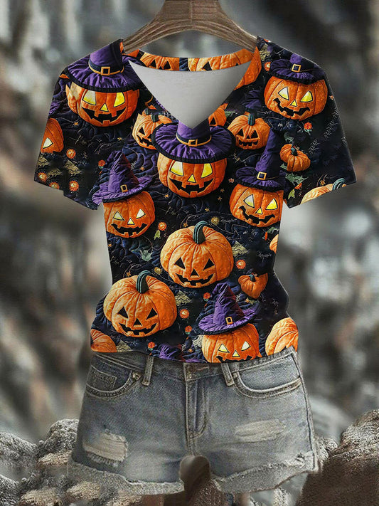 Women's Halloween Pumpkin Printed V-neck T-shirt