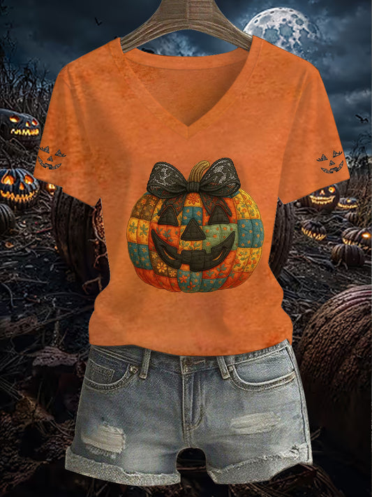Women's Vintage  Halloween Patchwork Pumpkin Face  Short Sleeve T-Shirt