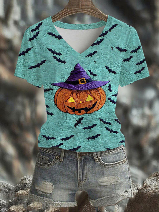 Women's Halloween Pumpkin Printed V-neck T-shirt