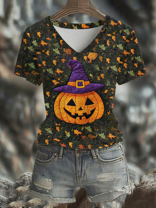 Women's Halloween Pumpkin Printed V-neck T-shirt