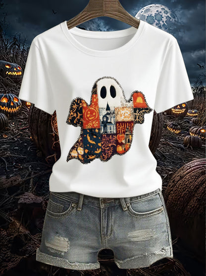 Women's Vintage  Halloween Patchwork Ghost  Short Sleeve T-Shirt