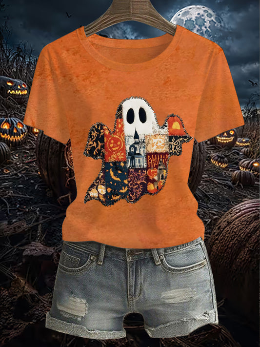 Women's Vintage  Halloween Patchwork Ghost  Short Sleeve T-Shirt