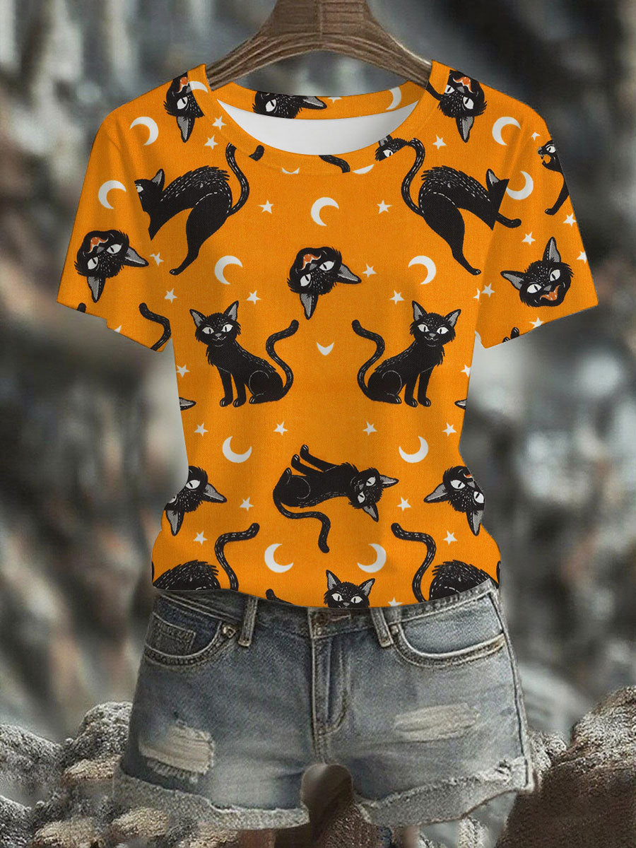 Women's Halloween Black Cat Printed T-shirt
