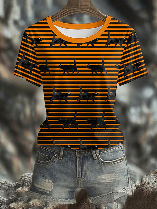 Women's Halloween Black Cat Printed T-shirt