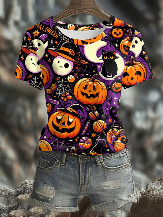 Women's Halloween Black Cat Printed T-shirt