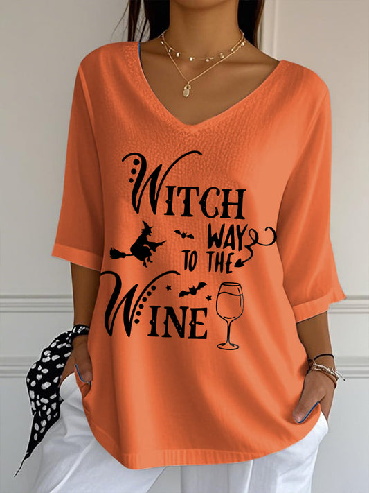 Women’s Witch Way To The Wine Printed V-Neck Top