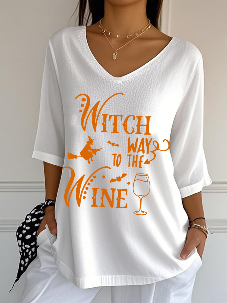 Women’s Witch Way To The Wine Printed V-Neck Top