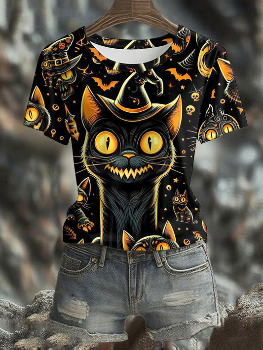 Women's Halloween Black Cat Printed T-shirt