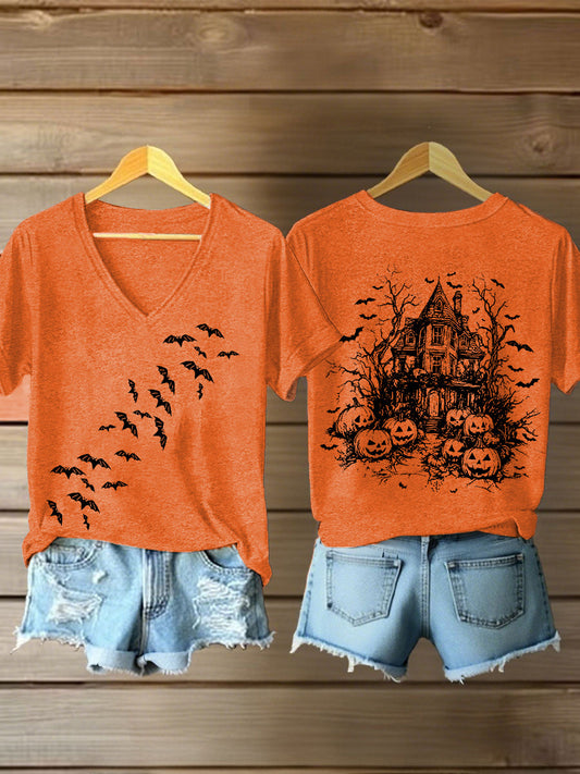 Women's Vintage  Halloween Bats Pumpkin Short Sleeve T-Shirt