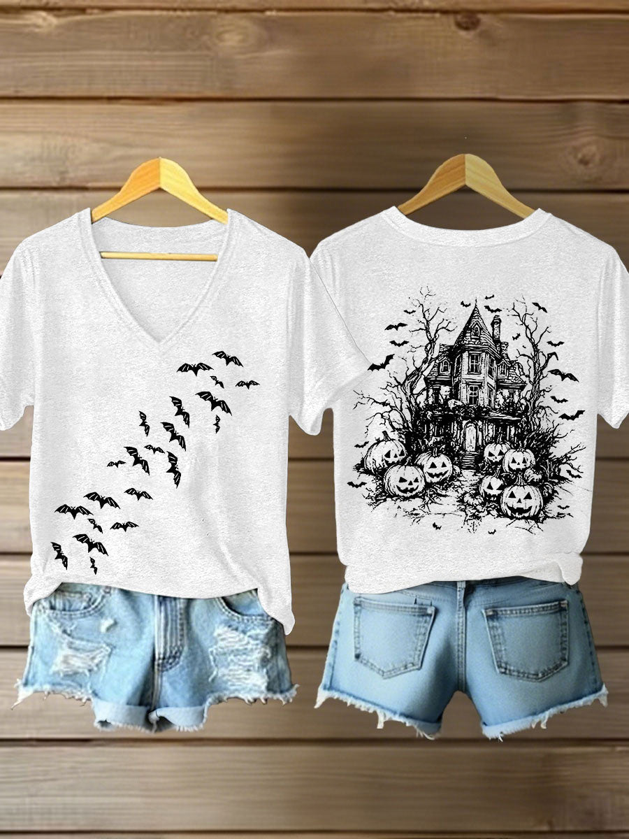 Women's Vintage  Halloween Bats Pumpkin Short Sleeve T-Shirt