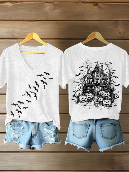 Women's Vintage  Halloween Bats Pumpkin Short Sleeve T-Shirt