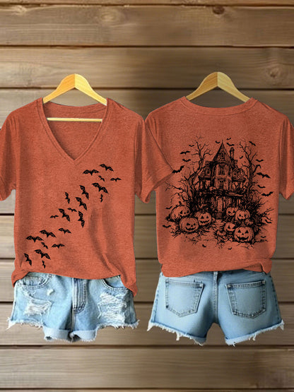Women's Vintage  Halloween Bats Pumpkin Short Sleeve T-Shirt