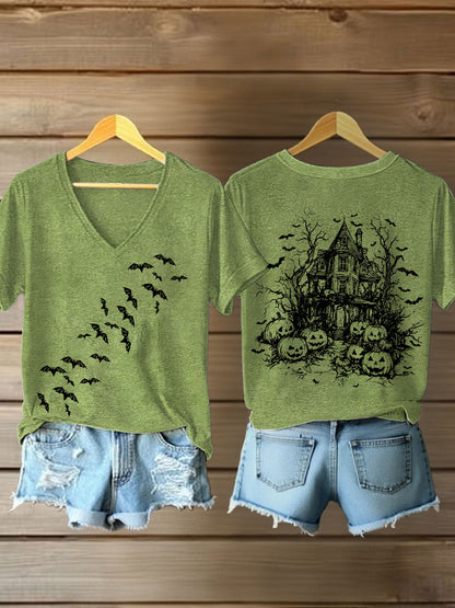 Women's Vintage  Halloween Bats Pumpkin Short Sleeve T-Shirt