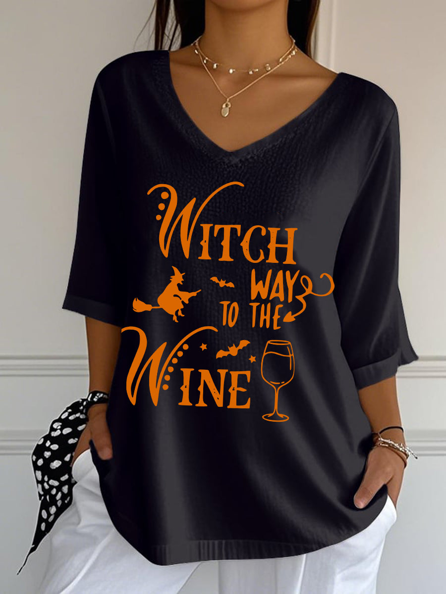 Women’s Witch Way To The Wine Printed V-Neck Top