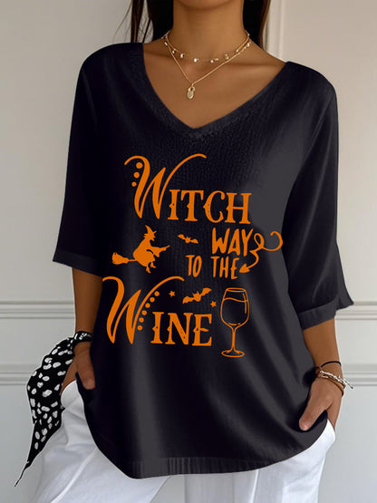 Women’s Witch Way To The Wine Printed V-Neck Top