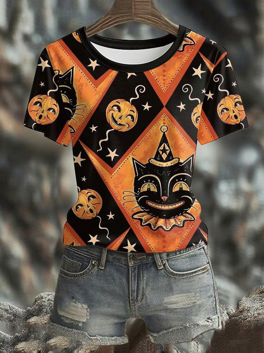 Women's Halloween Black Cat Printed T-shirt