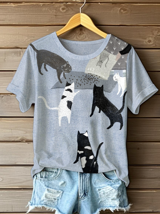 Women's Cat Art Print Casual T-Shirt
