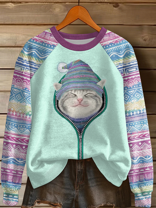 Women's Cat Art Print Casual Sweatshirt