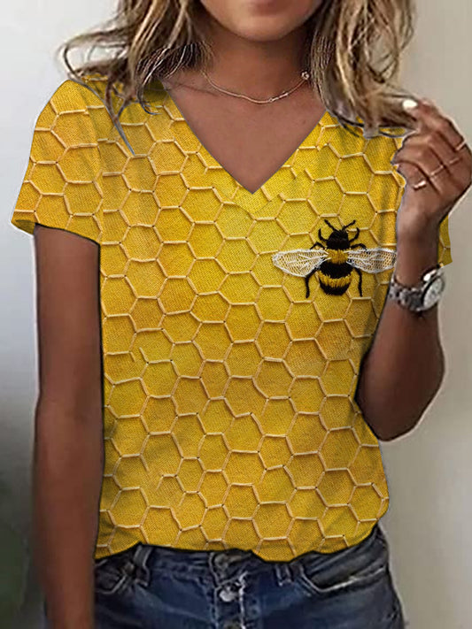 Women's Bee Print Casul V-Neck Tee