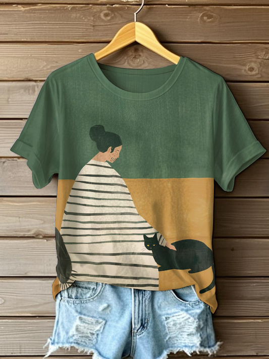 Women's Cat Art Print Casual T-Shirt