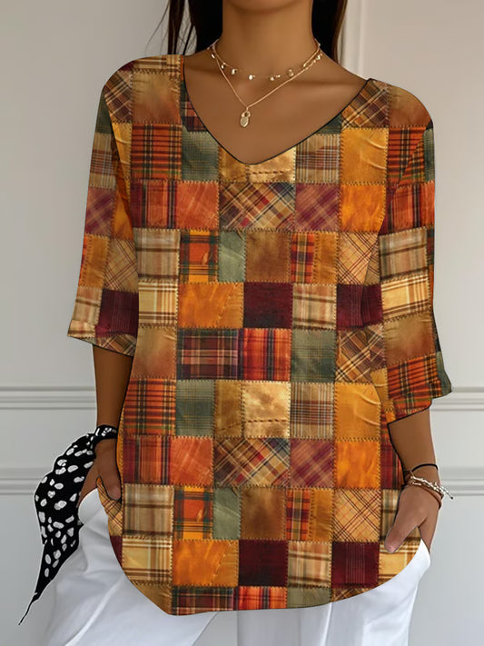 Women's Autumn plaid patchwork Print Top