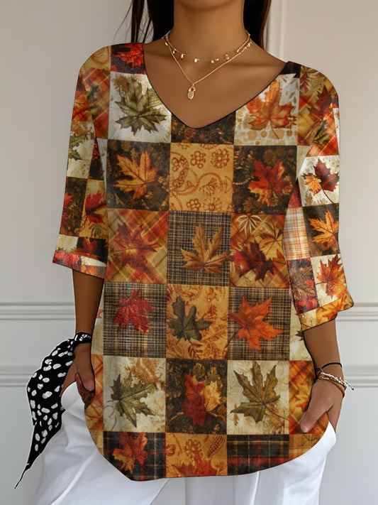 Women's Autumn Pumpkin Maple Leaf  Print  Top