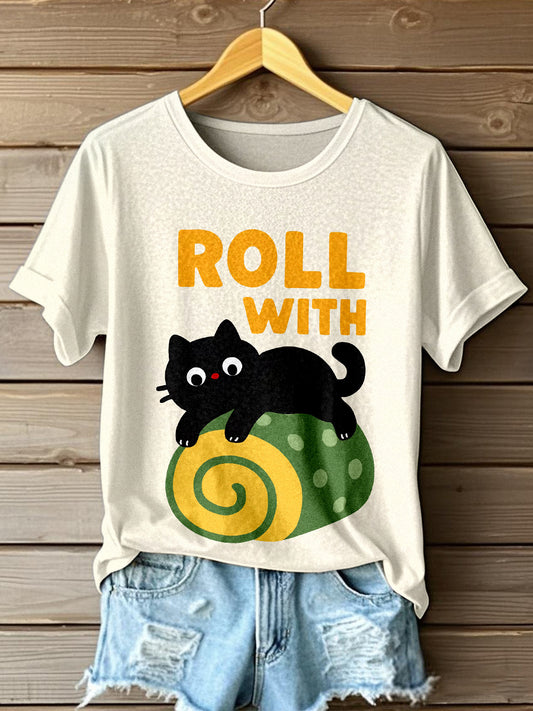 Women's Cat and Swiss Roll Art Print T-Shirt