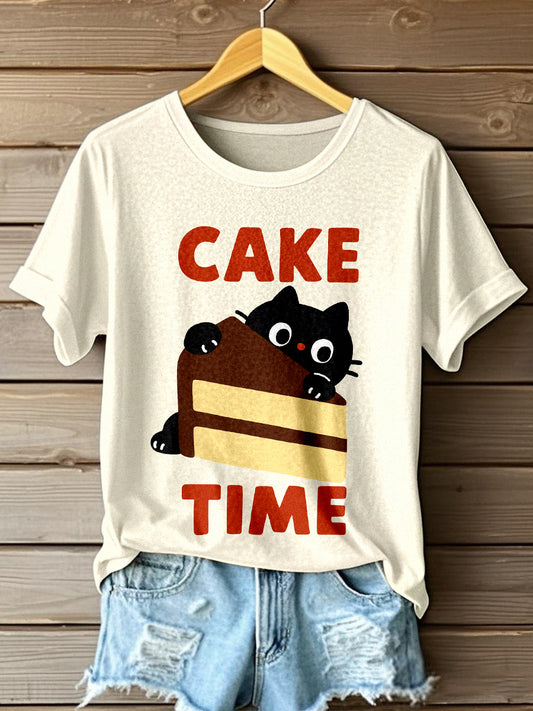 Women's Cat and Cake Art Print T-Shirt
