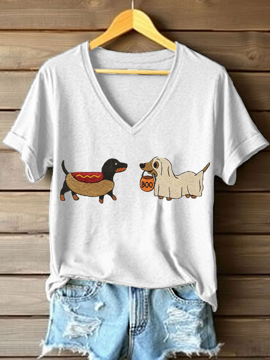 Women's Halloween Dachshund Embroidered V-Neck T-Shirt