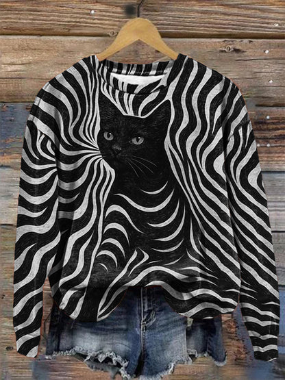 Women's Halloween Black Cat Stripes Print Casual Sweatshirt