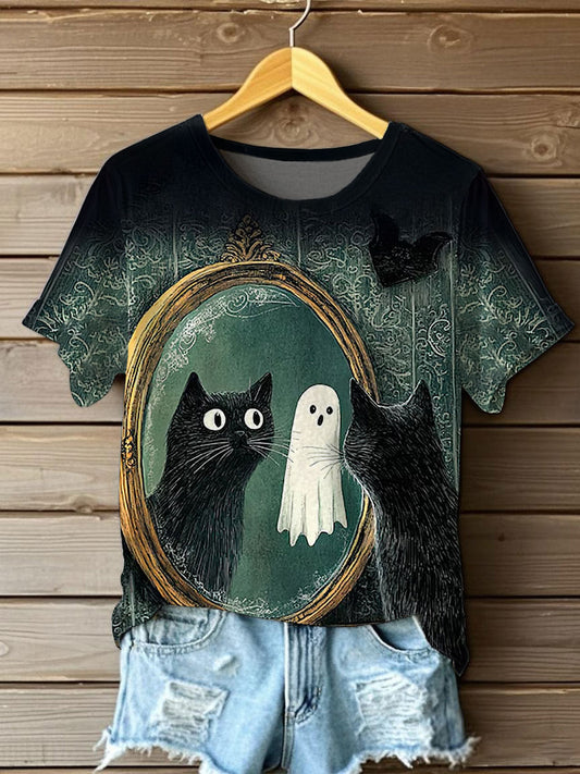 Women's Halloween Black Cat sees Ghost Crew Neck Short Sleeve T-shirt