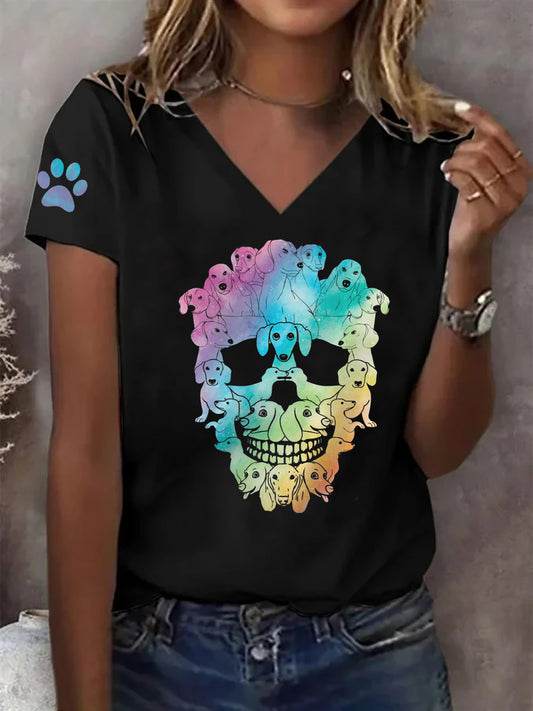 Women's Skeleton Dog Print T-Shirt