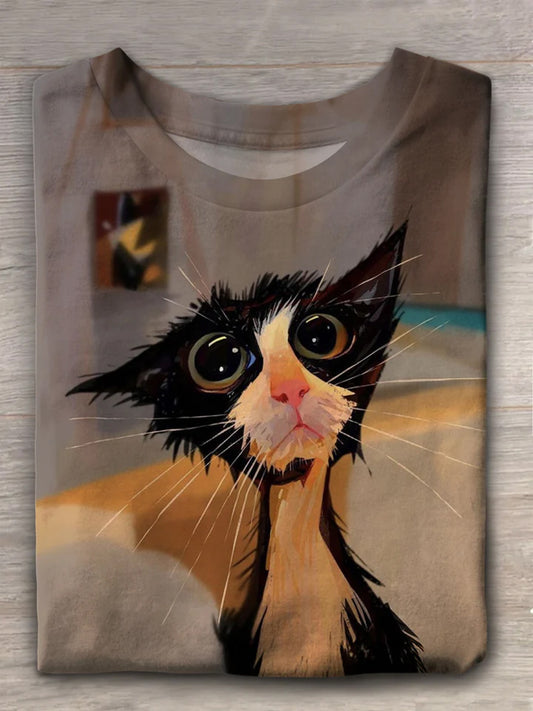 Women's Funny Cat Crew Neck Short Sleeve T-shirt