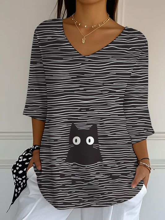 Women's Cat Art Print Casual T-shirt