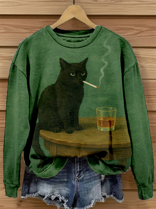 Women's Funny Cat Art Print Vintage Sweatshirt