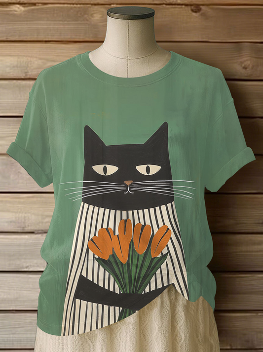Women's Cat Art Print Casual T-shirt