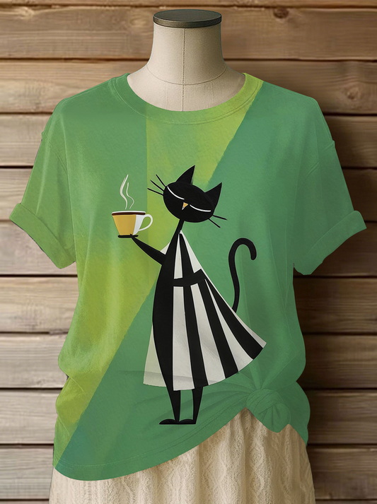Women's Cat Art Print Casual T-shirt